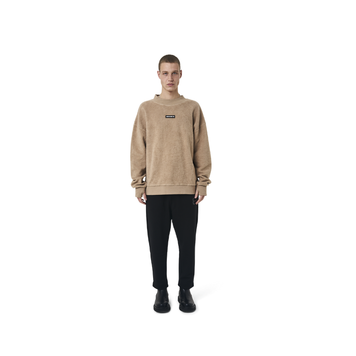 Long sleeves loose cut jumper in  burnt beige color fabric featuring Eighteen Eighty-Six embroidered at front. Rib knit at cuffs and hem.