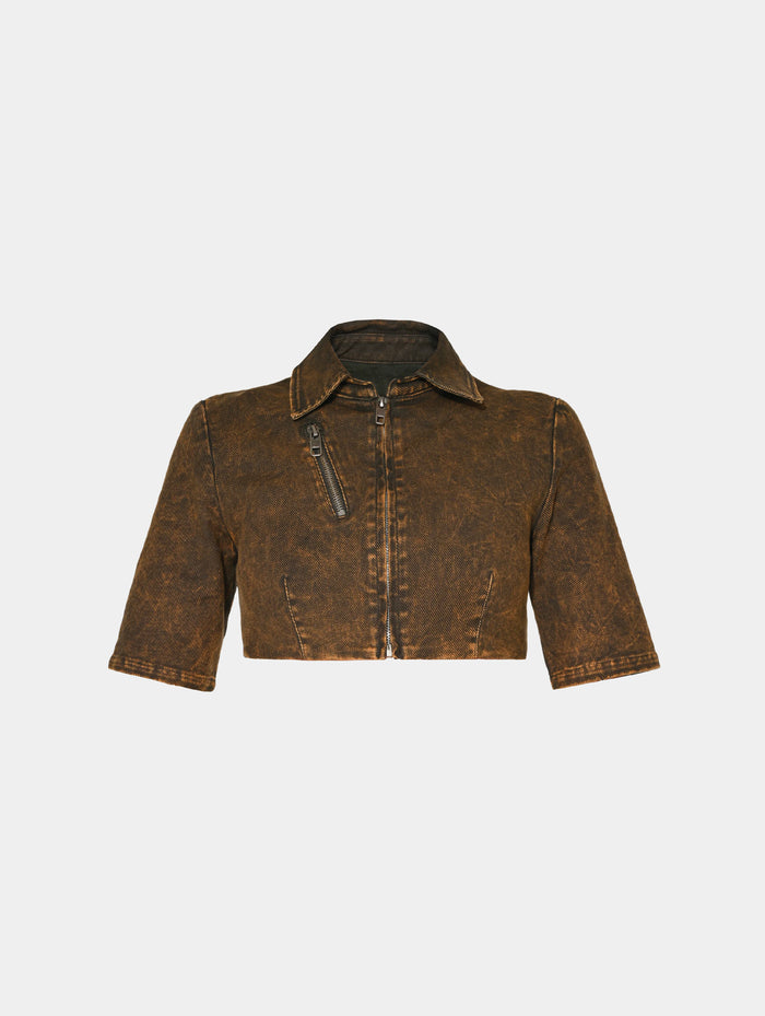 CROPPED OVER DYE ZIP TOP - CARAMEL