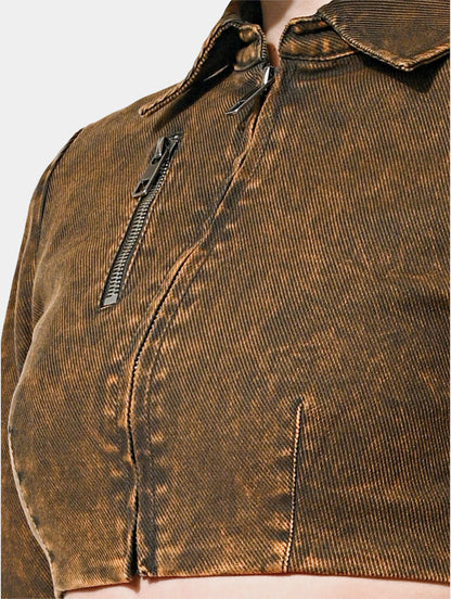 CROPPED OVER DYE ZIP TOP - CARAMEL