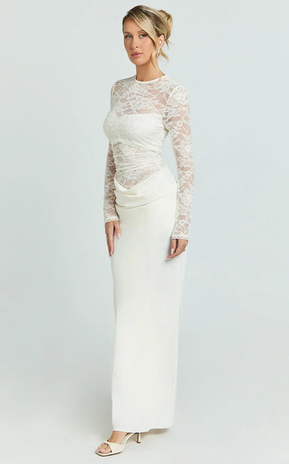 Crisanta Maxi Dress - Long Sleeve Contrast Lace Bodycon Dress in Ivory