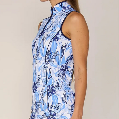 G Lifestyle S/L Mock Neck Top - Blue Summer Flower