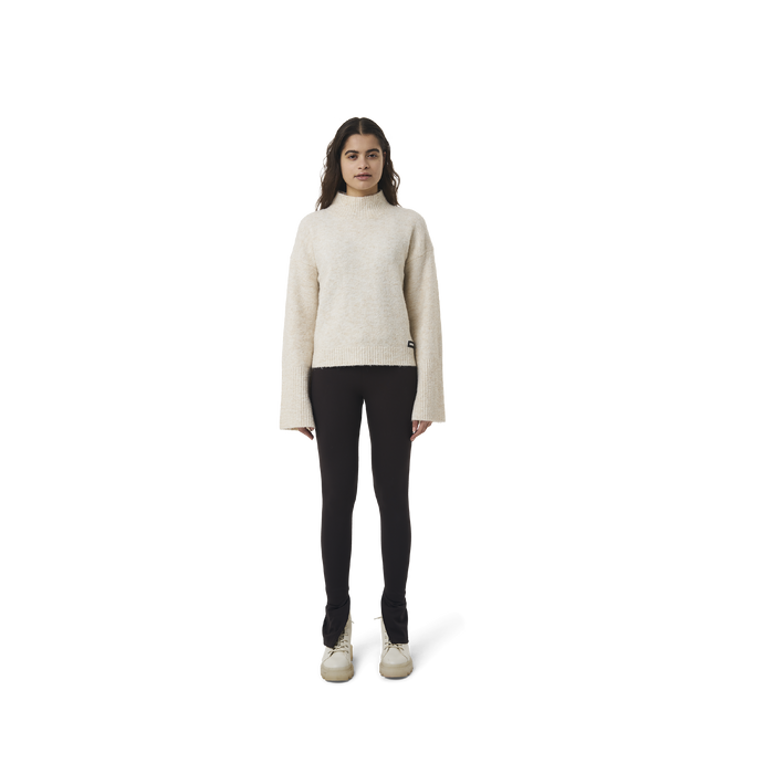 Long sleeves highneck cut wool sweater in beige color fabric featuring 1886 logo embroidered at bottom front. Loose at cuffs and hem.