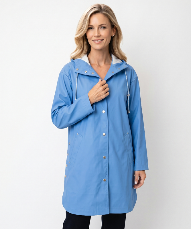 Micha Hooded Rain Coat with Side Snaps - Blue