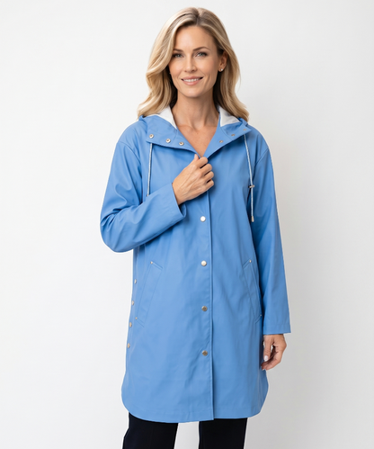 Micha Hooded Rain Coat with Side Snaps - Blue