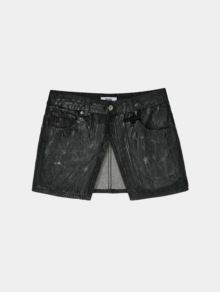 PAINTED DENIM WRAP BELT SKIRT- BLACK