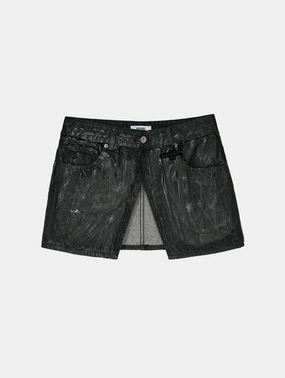 PAINTED DENIM WRAP BELT SKIRT- BLACK