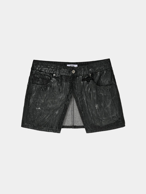 PAINTED DENIM WRAP BELT SKIRT- BLACK