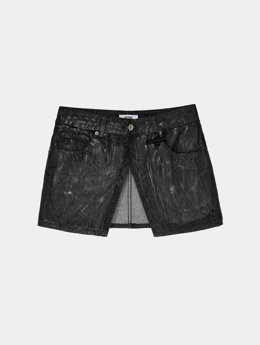 PAINTED DENIM WRAP BELT SKIRT- BLACK