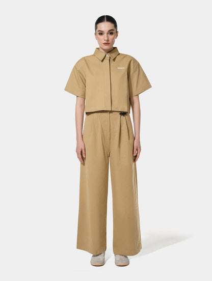PLEAT DETAIL WIDE LEG PANTS - KHAKI