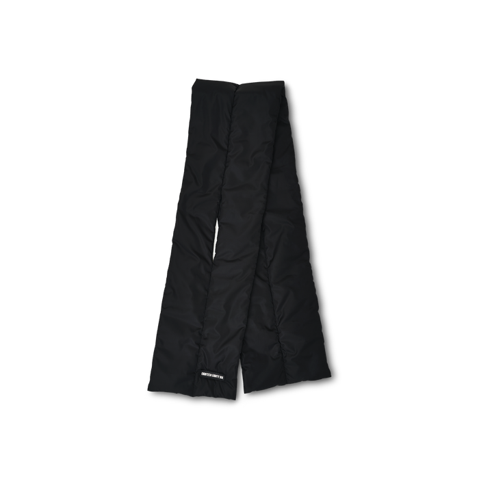 Rectangular down puffer scarf in black featuring Eighteen Eighty-Six logo patch sewn at bottom
