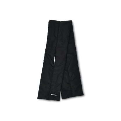 Rectangular down puffer scarf in black featuring Eighteen Eighty-Six logo patch sewn at bottom