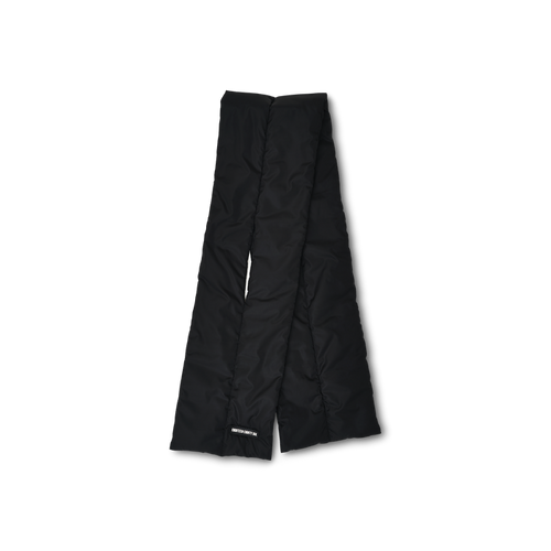Rectangular down puffer scarf in black featuring Eighteen Eighty-Six logo patch sewn at bottom