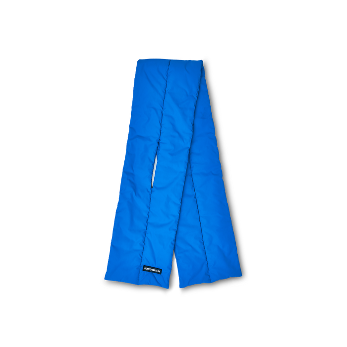 Rectangular down puffer scarf in blue featuring Eighteen Eighty-Six logo patch sewn at bottom.