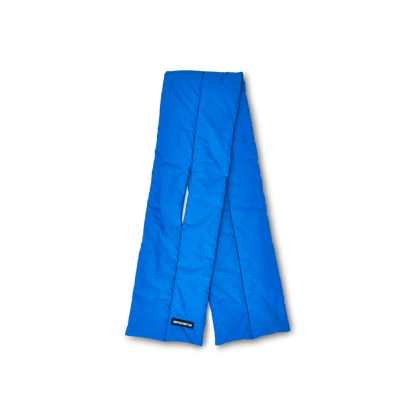Rectangular down puffer scarf in blue featuring Eighteen Eighty-Six logo patch sewn at bottom.