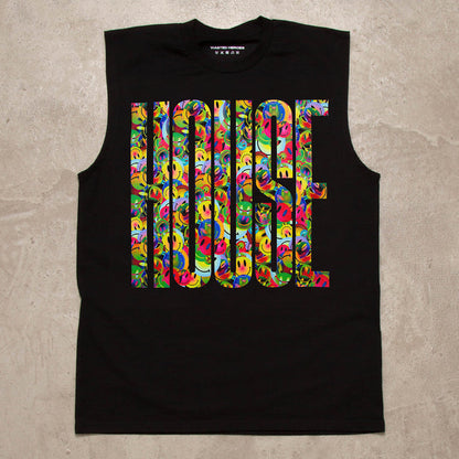Smiley Higher House Front Print - Tank Tshirt - Black