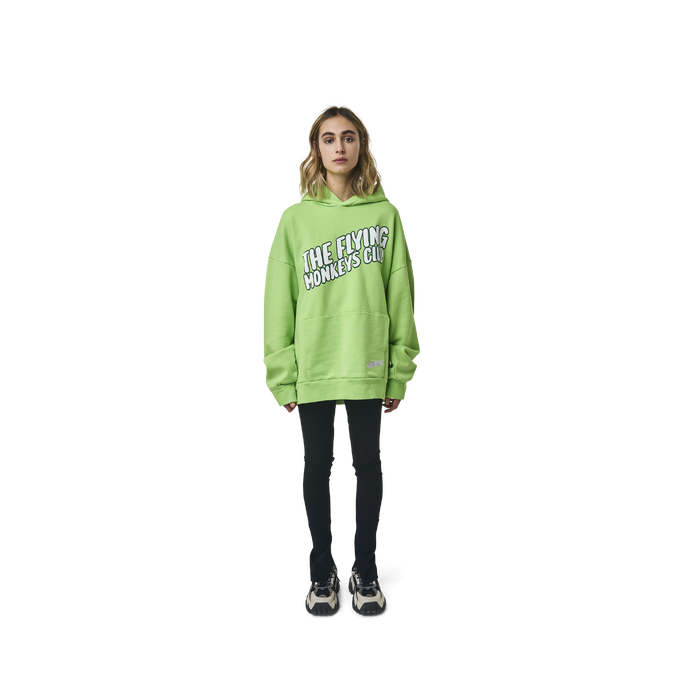 Long sleeves oversize cut hoodie in washed neon green  color fabric featuring  ' The Flying Monkeys Club '  logo print at front and at back. 1886 logo embroidered at kangaroo pocket. Rib knit at cuffs and hem.