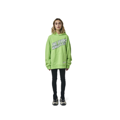 Long sleeves oversize cut hoodie in washed neon green  color fabric featuring  ' The Flying Monkeys Club '  logo print at front and at back. 1886 logo embroidered at kangaroo pocket. Rib knit at cuffs and hem.