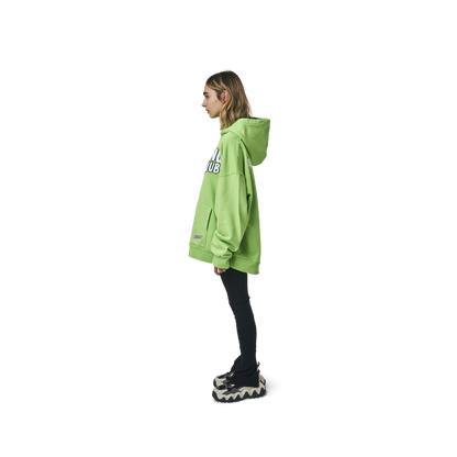 Long sleeves oversize cut hoodie in washed neon green  color fabric featuring  ' The Flying Monkeys Club '  logo print at front and at back. 1886 logo embroidered at kangaroo pocket. Rib knit at cuffs and hem.