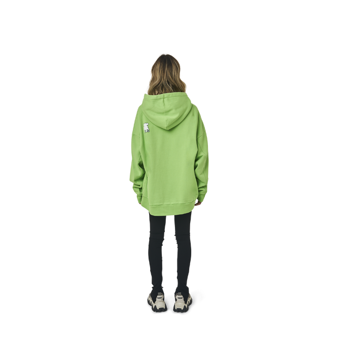 Long sleeves oversize cut hoodie in washed neon green  color fabric featuring  ' The Flying Monkeys Club '  logo print at front and at back. 1886 logo embroidered at kangaroo pocket. Rib knit at cuffs and hem.