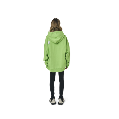 Long sleeves oversize cut hoodie in washed neon green  color fabric featuring  ' The Flying Monkeys Club '  logo print at front and at back. 1886 logo embroidered at kangaroo pocket. Rib knit at cuffs and hem.