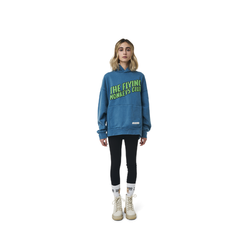 Long sleeves oversize cut hoodie in washed sapphire blue color fabric featuring  ' The Flying Monkeys Club ' logo print at front and at back. 1886 logo embroidered at kangaroo pocket. Rib knit at cuffs and hem.