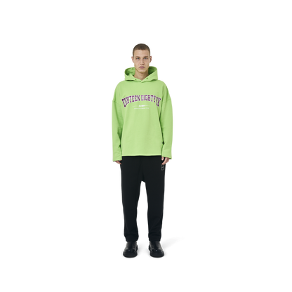 Long sleeves Loose cut hoodie in neon green color fabric featuring Eighteen Eighty-Six print at front. 1886 logo embroidered at bottom front. Loose at cuffs and hem.