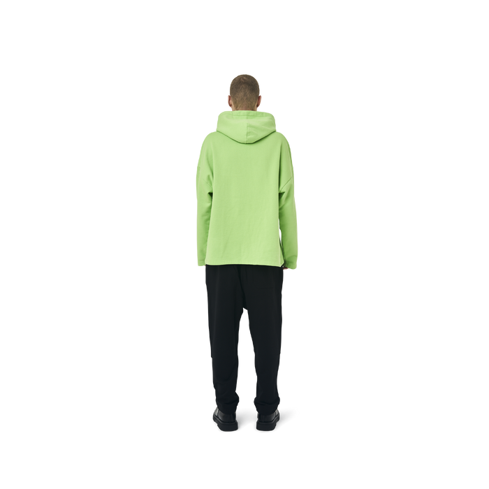 Long sleeves Loose cut hoodie in neon green color fabric featuring Eighteen Eighty-Six print at front. 1886 logo embroidered at bottom front. Loose at cuffs and hem.