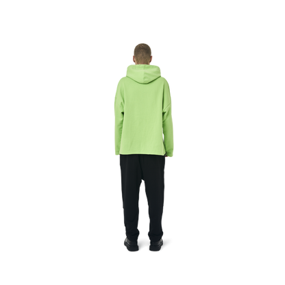 Long sleeves Loose cut hoodie in neon green color fabric featuring Eighteen Eighty-Six print at front. 1886 logo embroidered at bottom front. Loose at cuffs and hem.