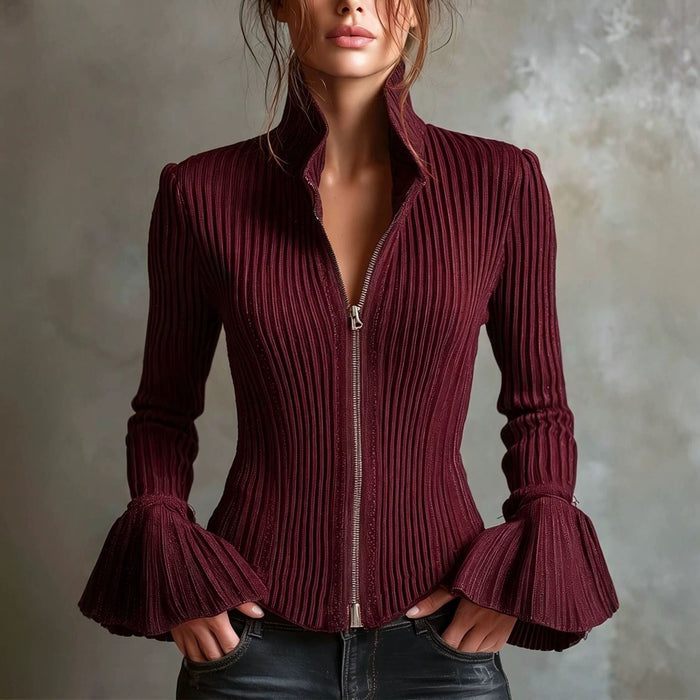 Women's Slim-Fit Rib-Knit Zip-Up Top with Flared Cuffs